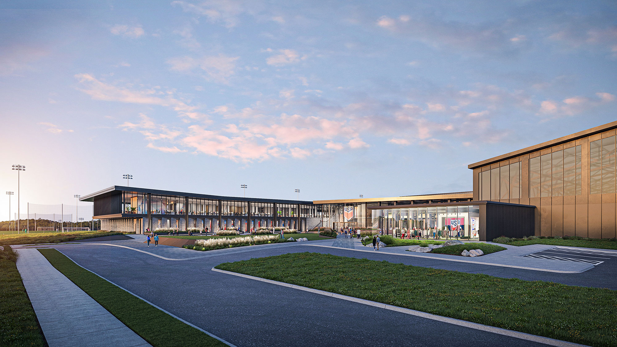 A building with a parking lot.