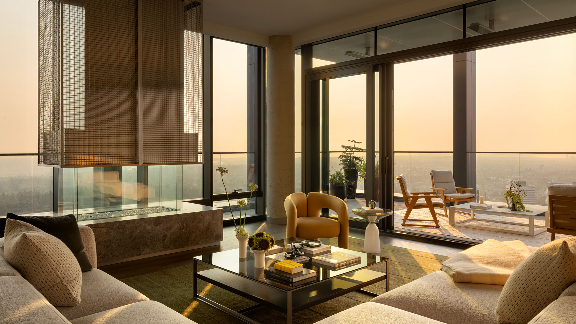 A living room with a large window.