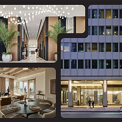 A building with a large glass front.