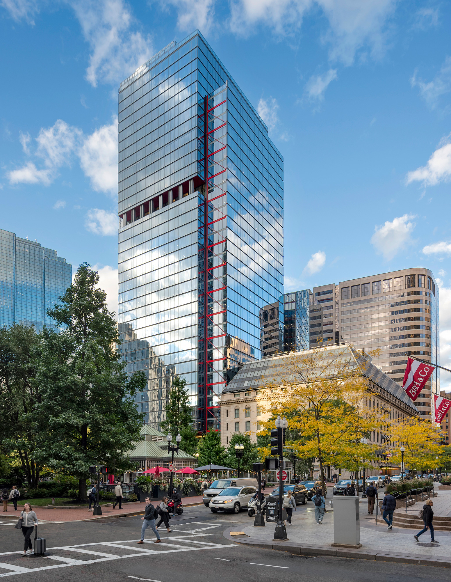 A tall glass building.