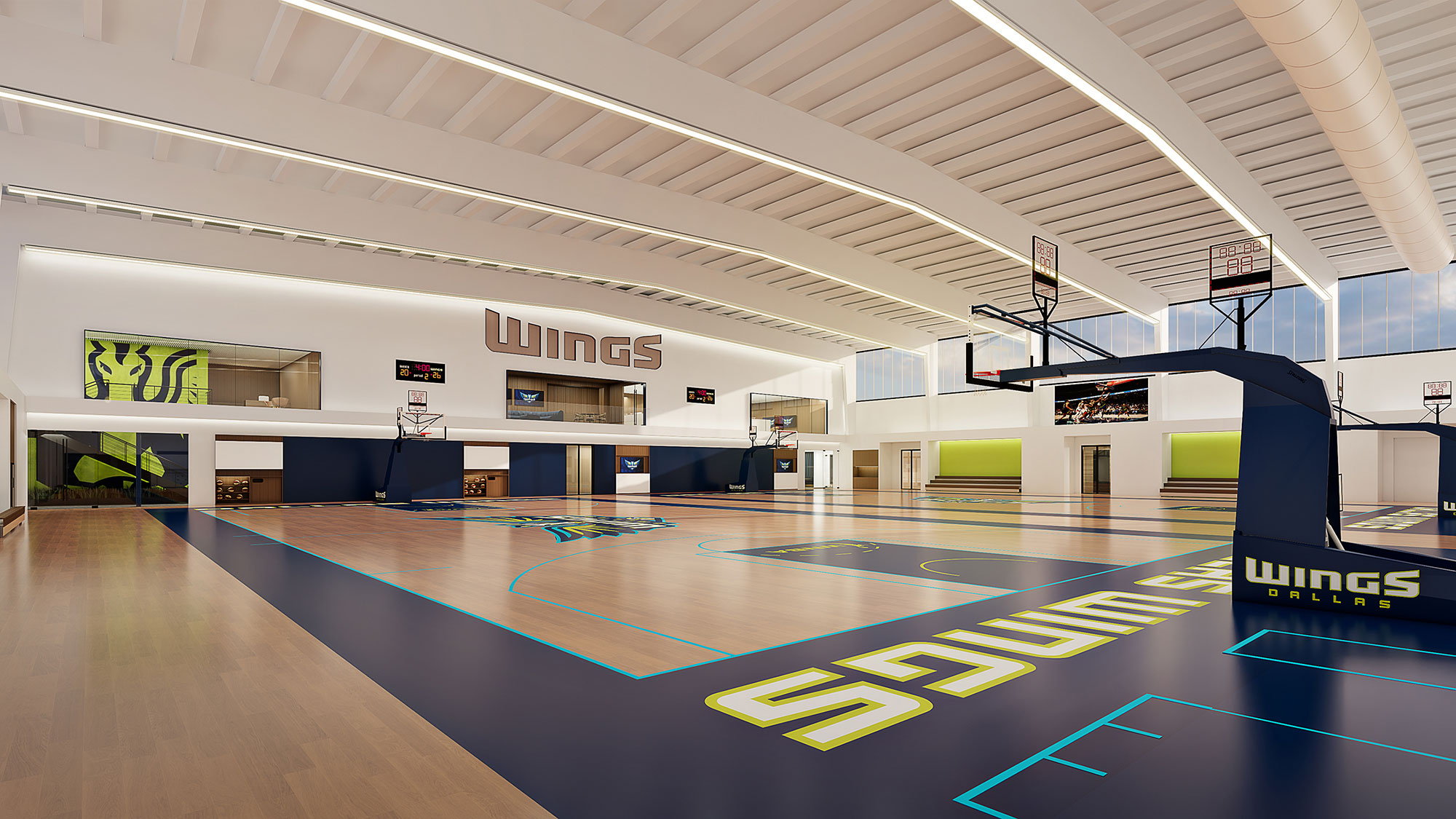 A basketball court with a basketball hoop.