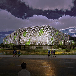 Cloud complex data centre rendering at night