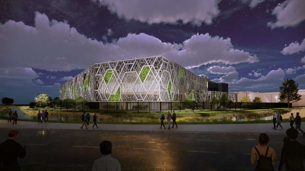 Cloud complex data centre rendering at night