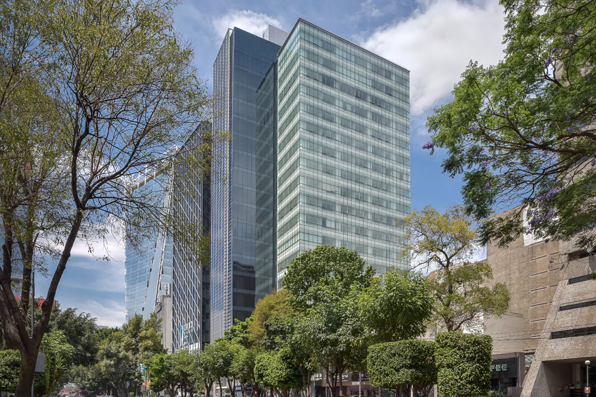 A tall glass building.