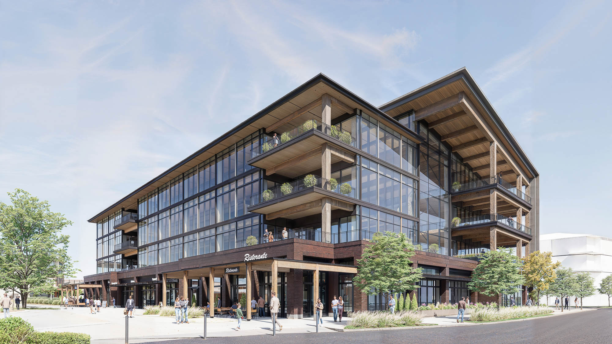 A building with people walking around.