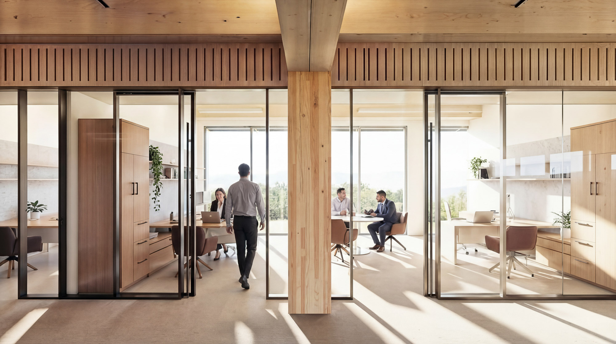 A man and woman in a room with glass doors.