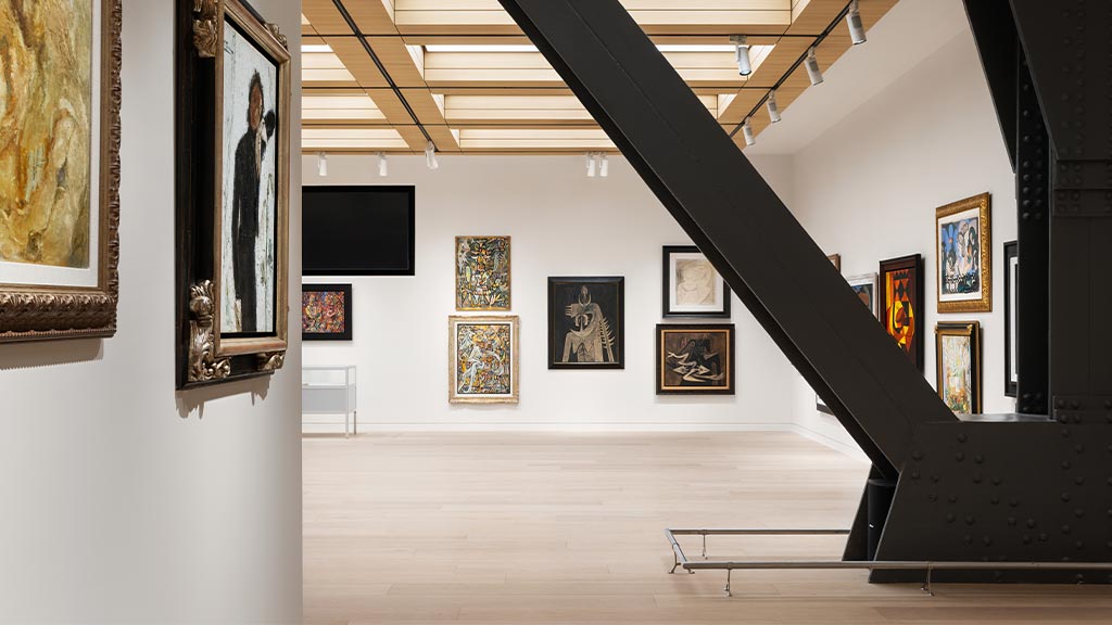 A room with art on the walls.