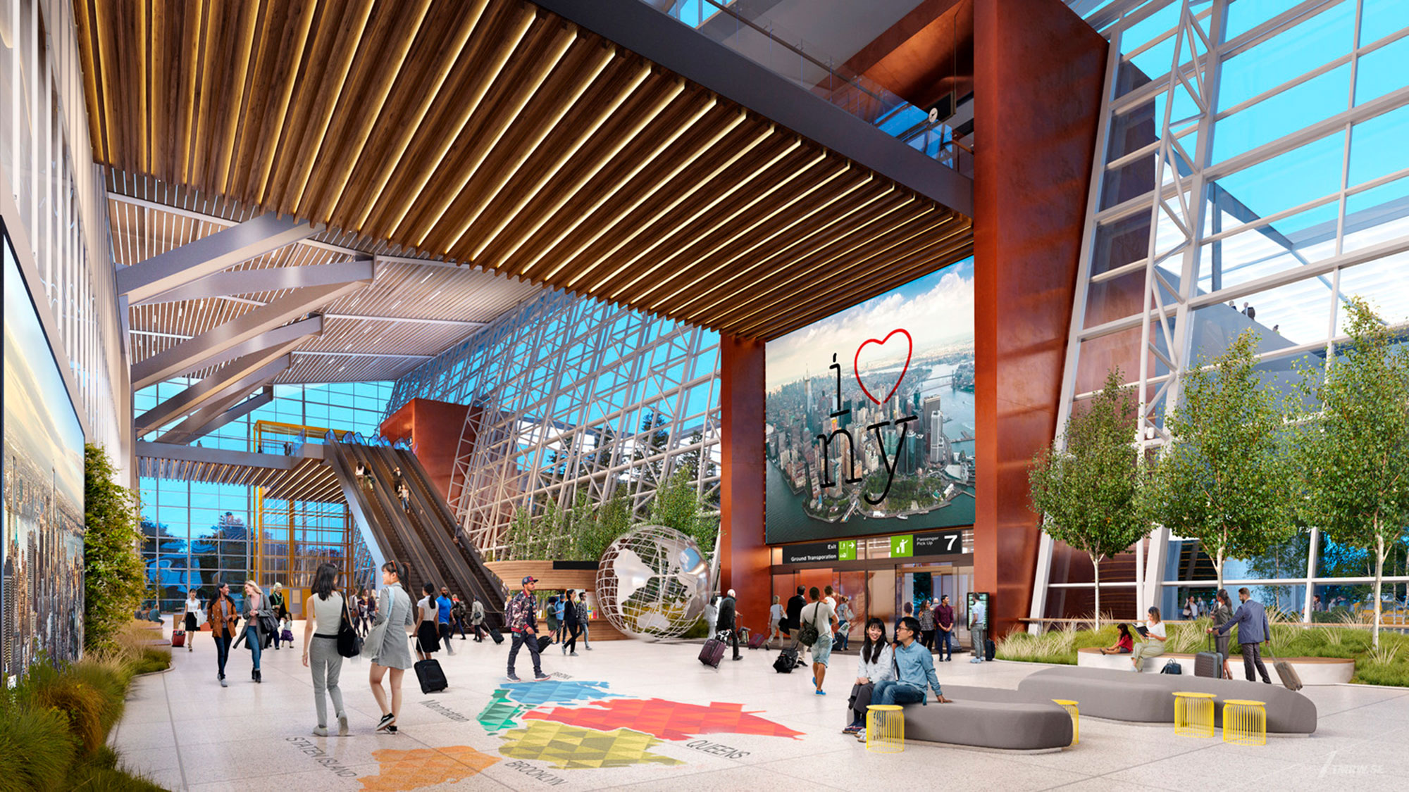 A group of people walking around a building.