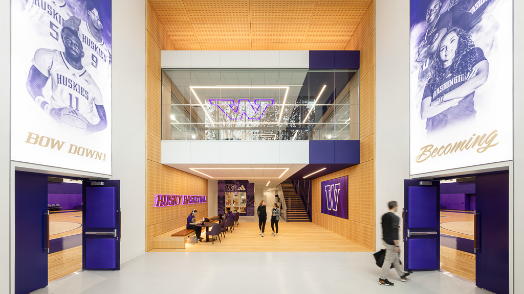 A group of people in a building.