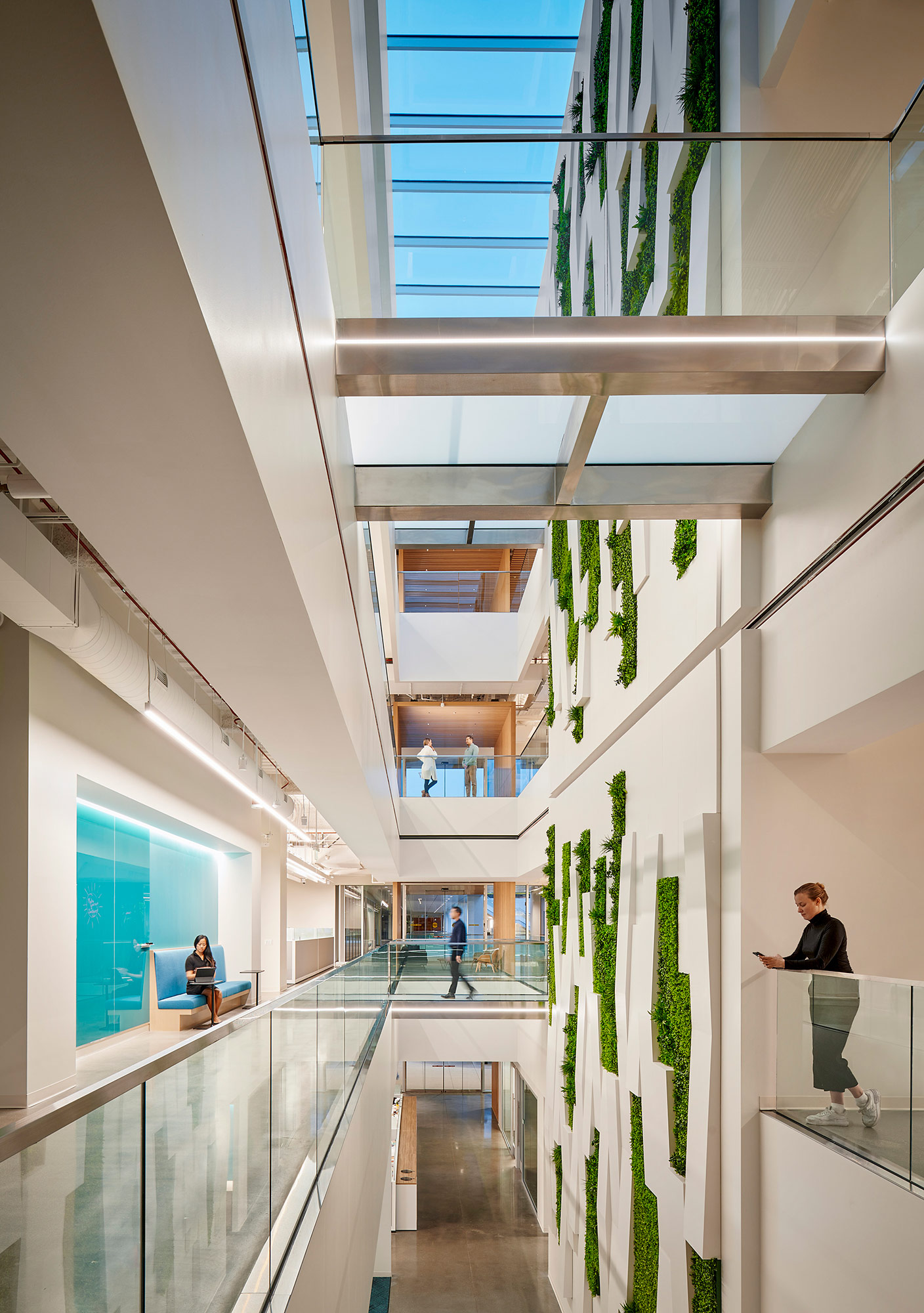 A high angle view of people walking.