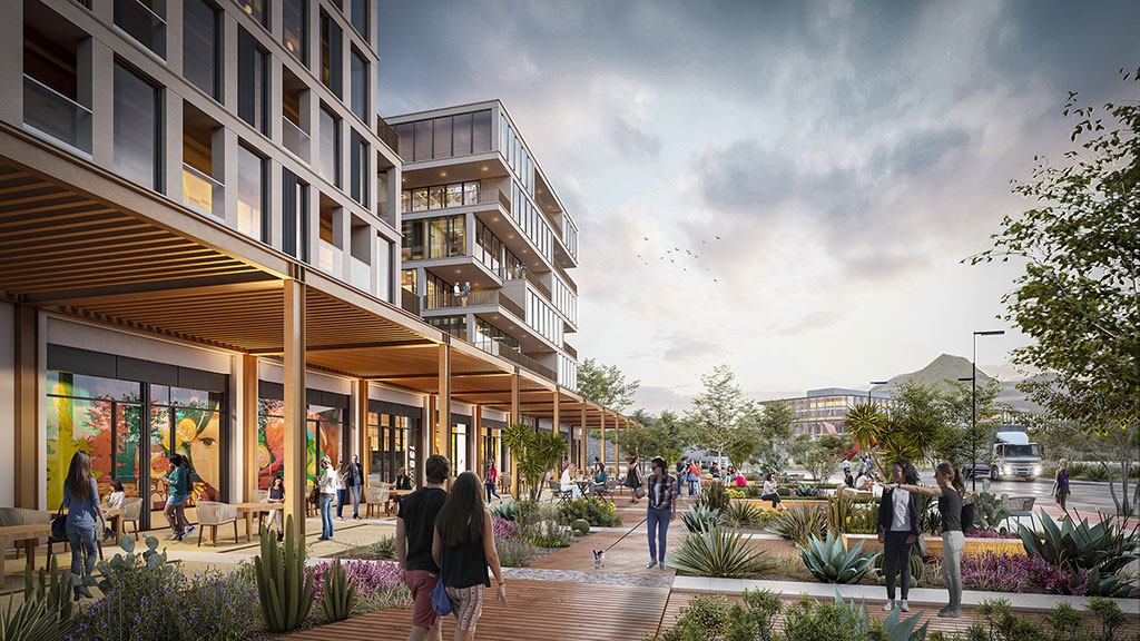 People walking around a building.