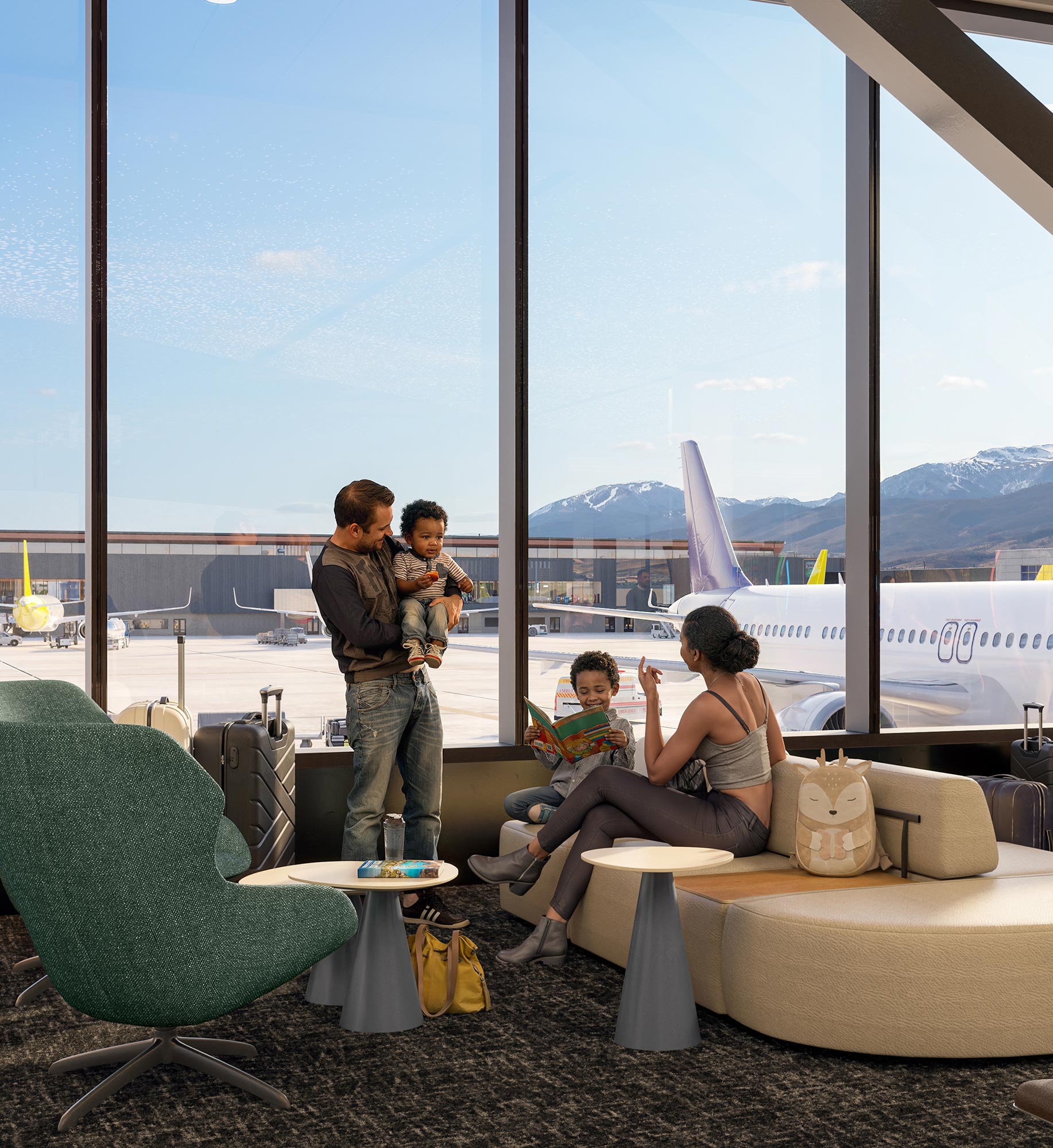 A group of people sitting on a couch in front of a window.