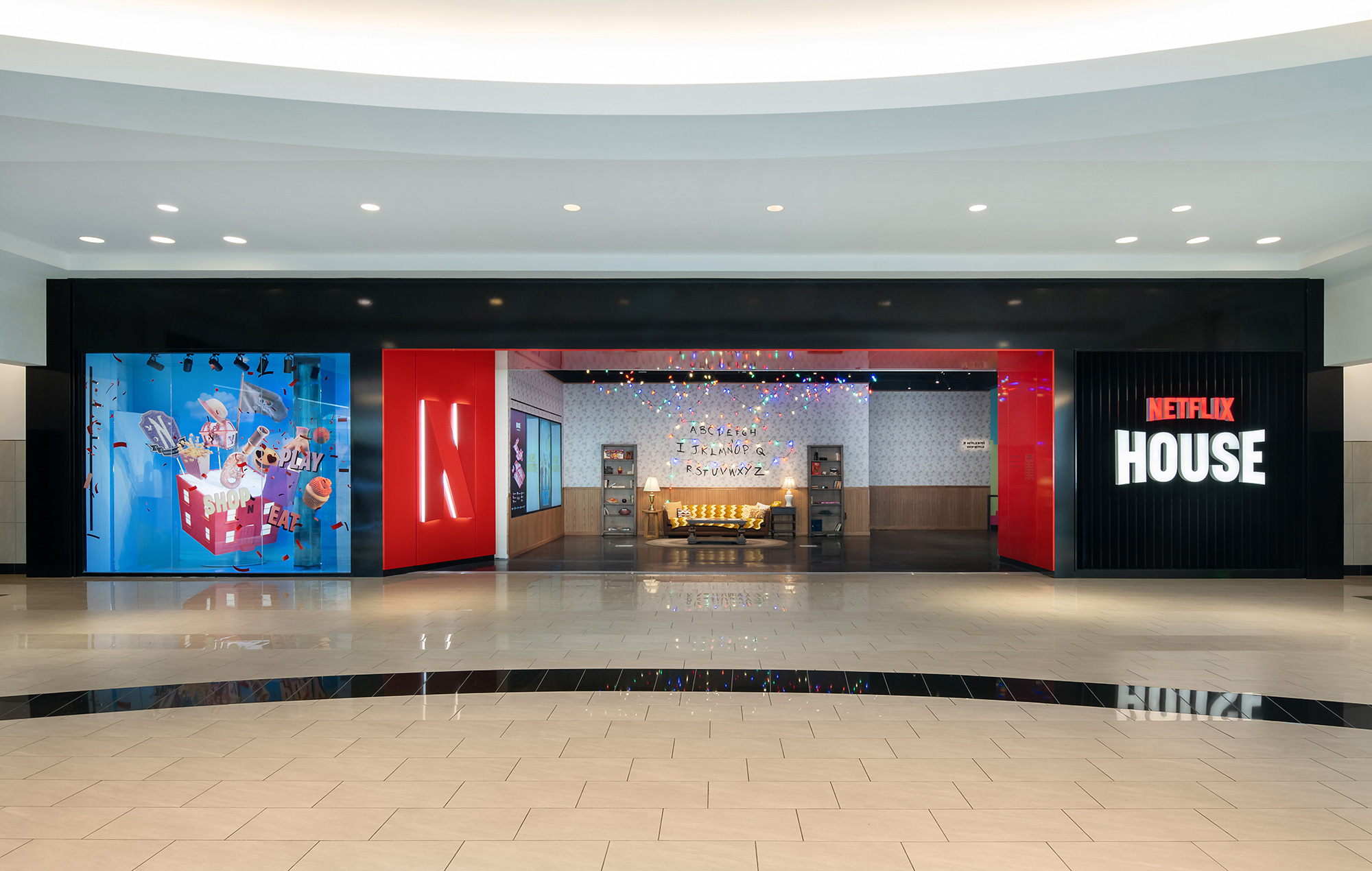 A large building with red doors.