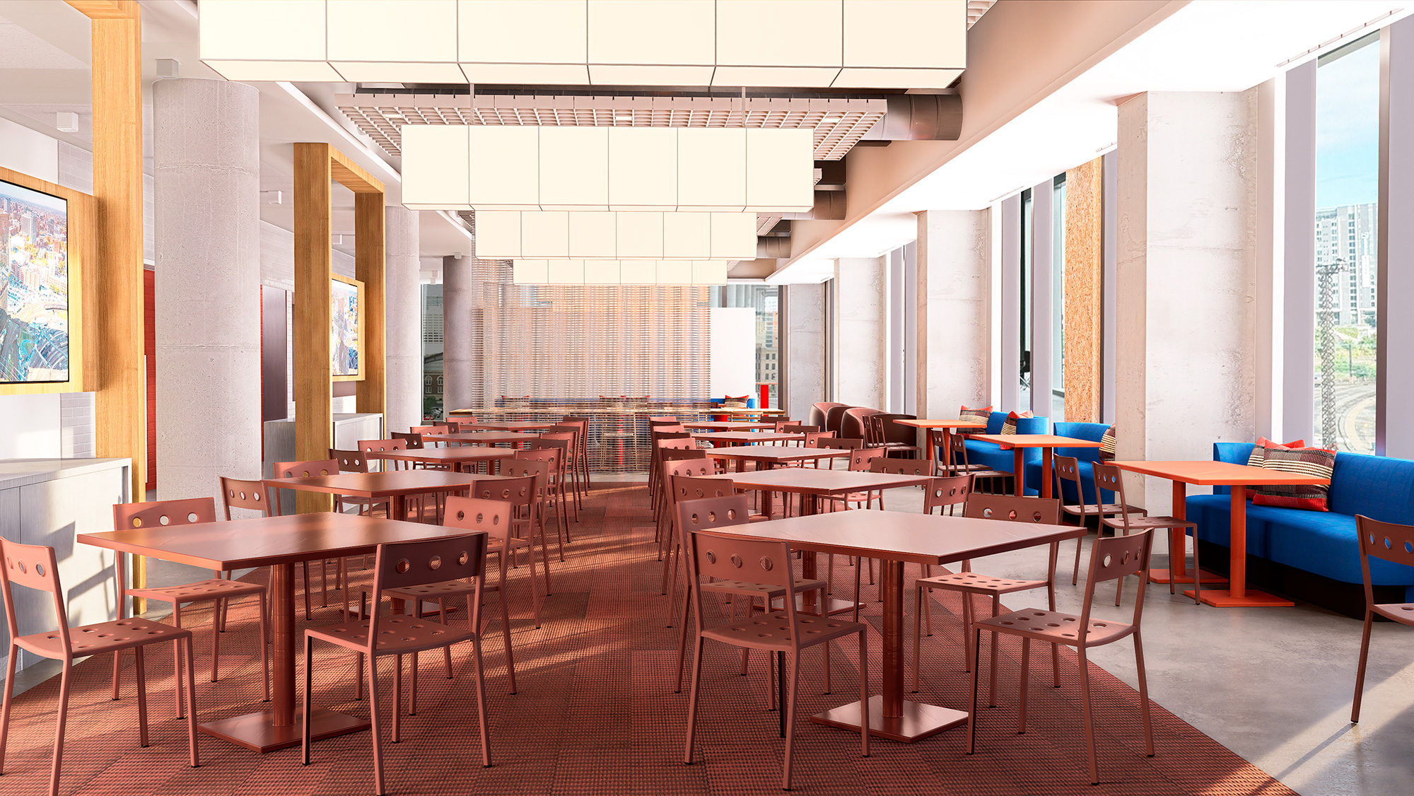 A room with tables and chairs.