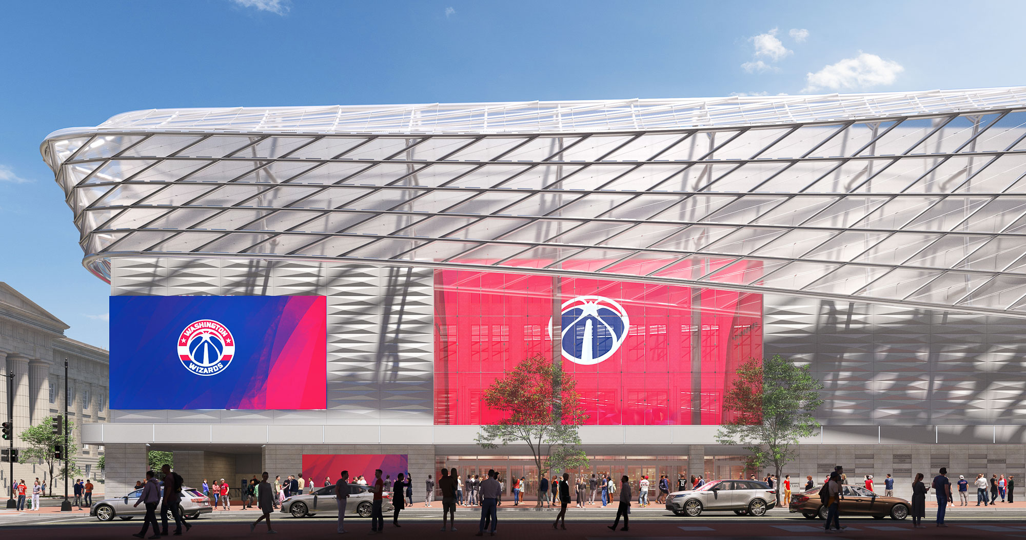 A large building with a large glass front.