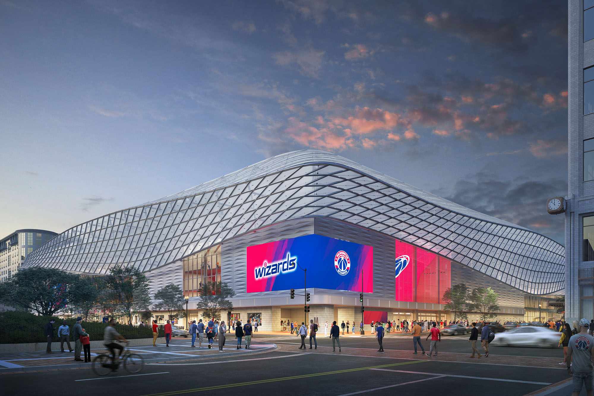 A large building with a large glass front.