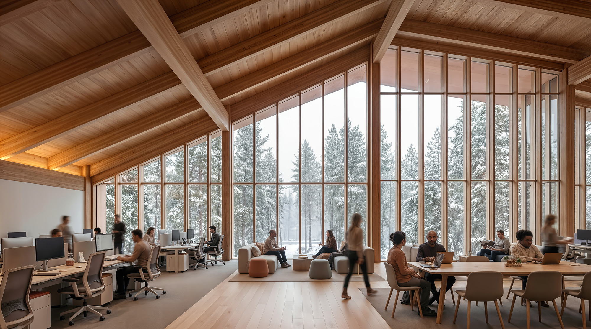 A group of people sitting at tables in a room with large windows.
