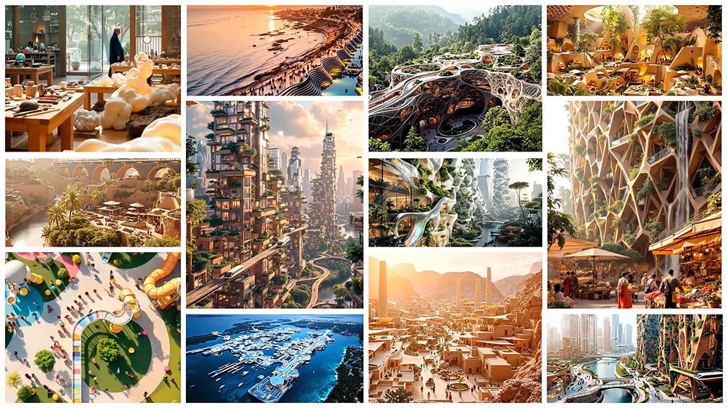 A collage of photos of a city.