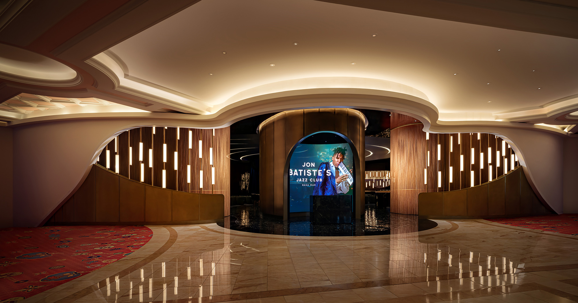 A large room with a large screen.