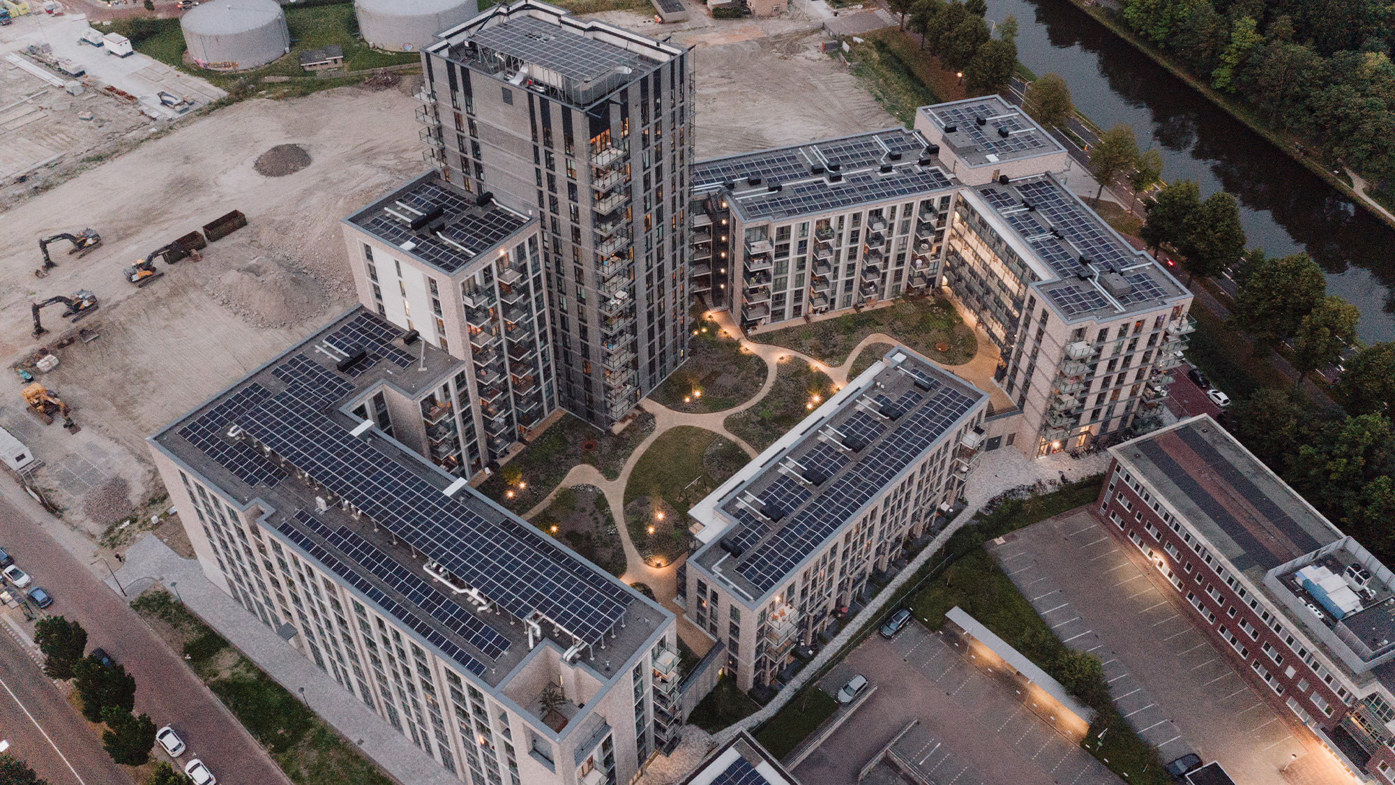 A high angle view of buildings.
