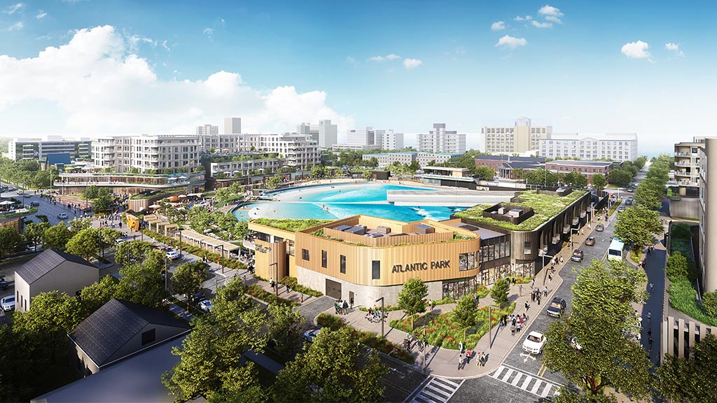 A large building with a pool in the middle of a city.