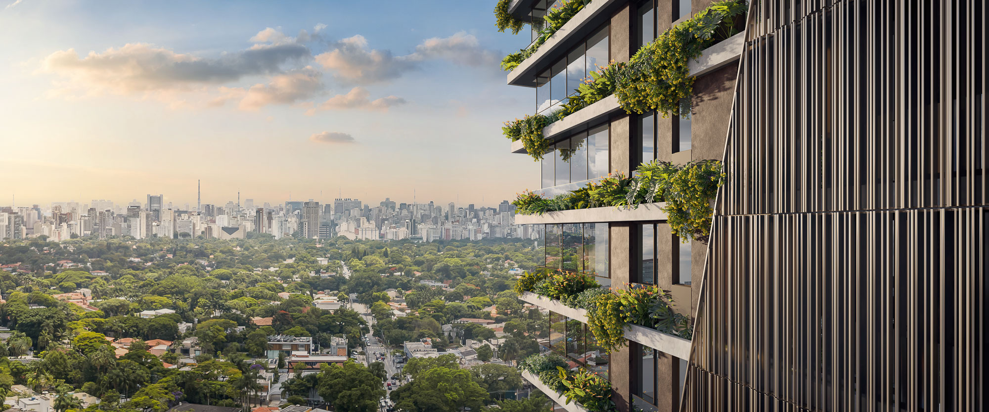 A view of a city from a balcony.