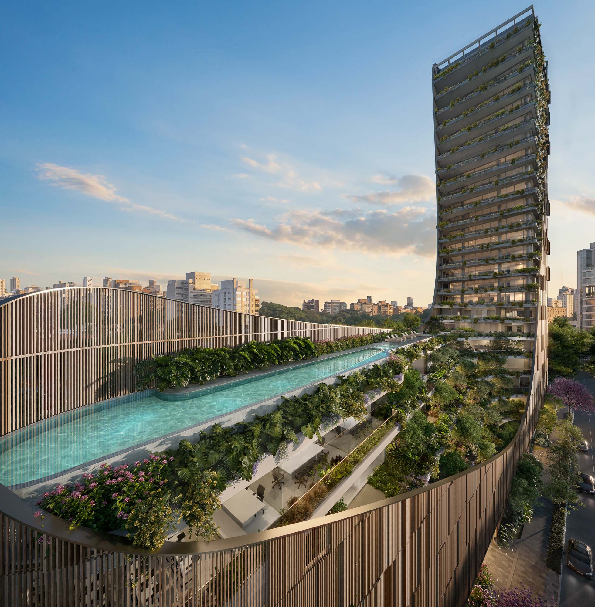 A pool with a building in the background.