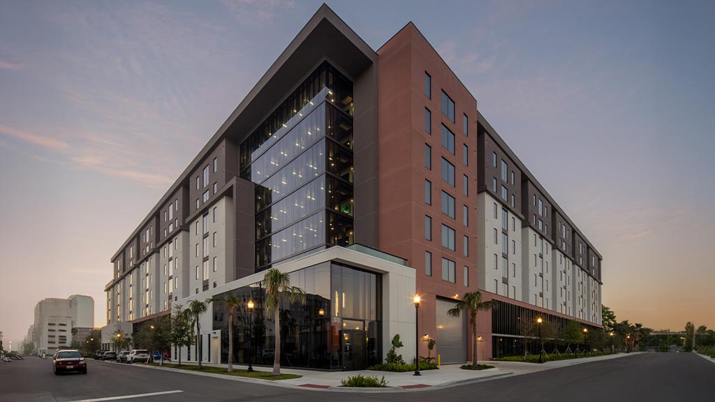 A large building with many windows.