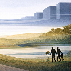 A group of people walking on a path by a body of water.