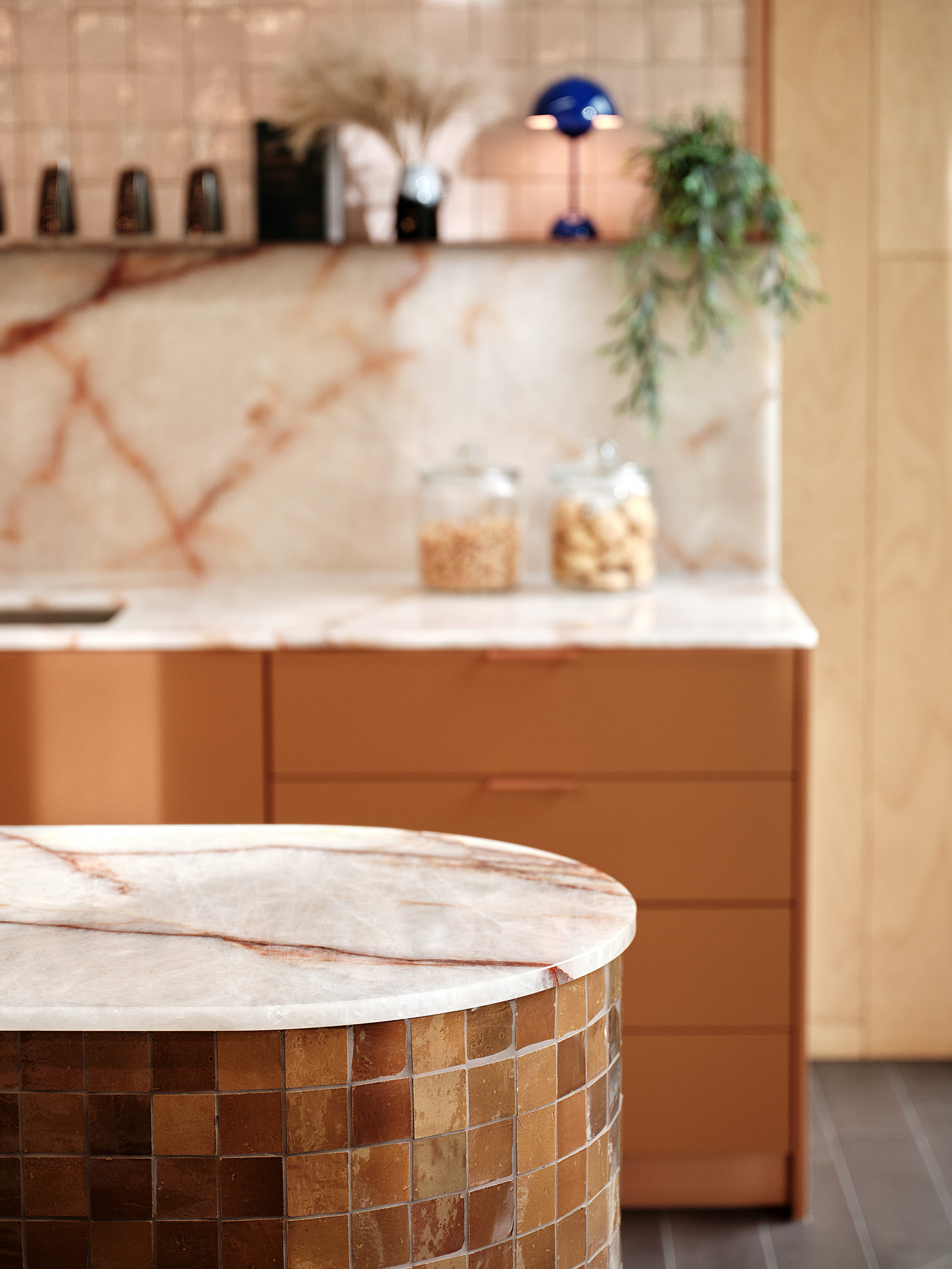A counter top with a towel on it.
