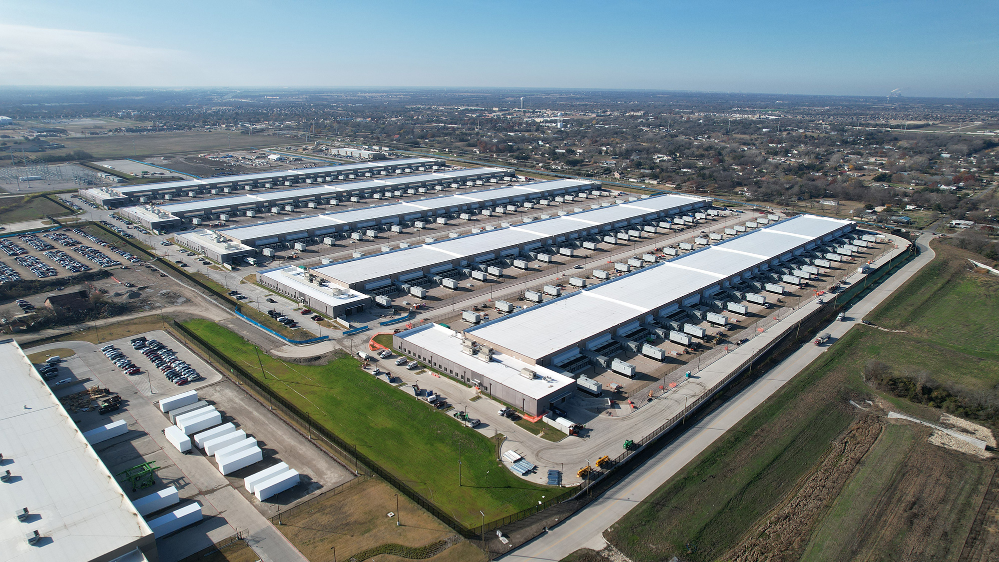 An aerial view of a large building.