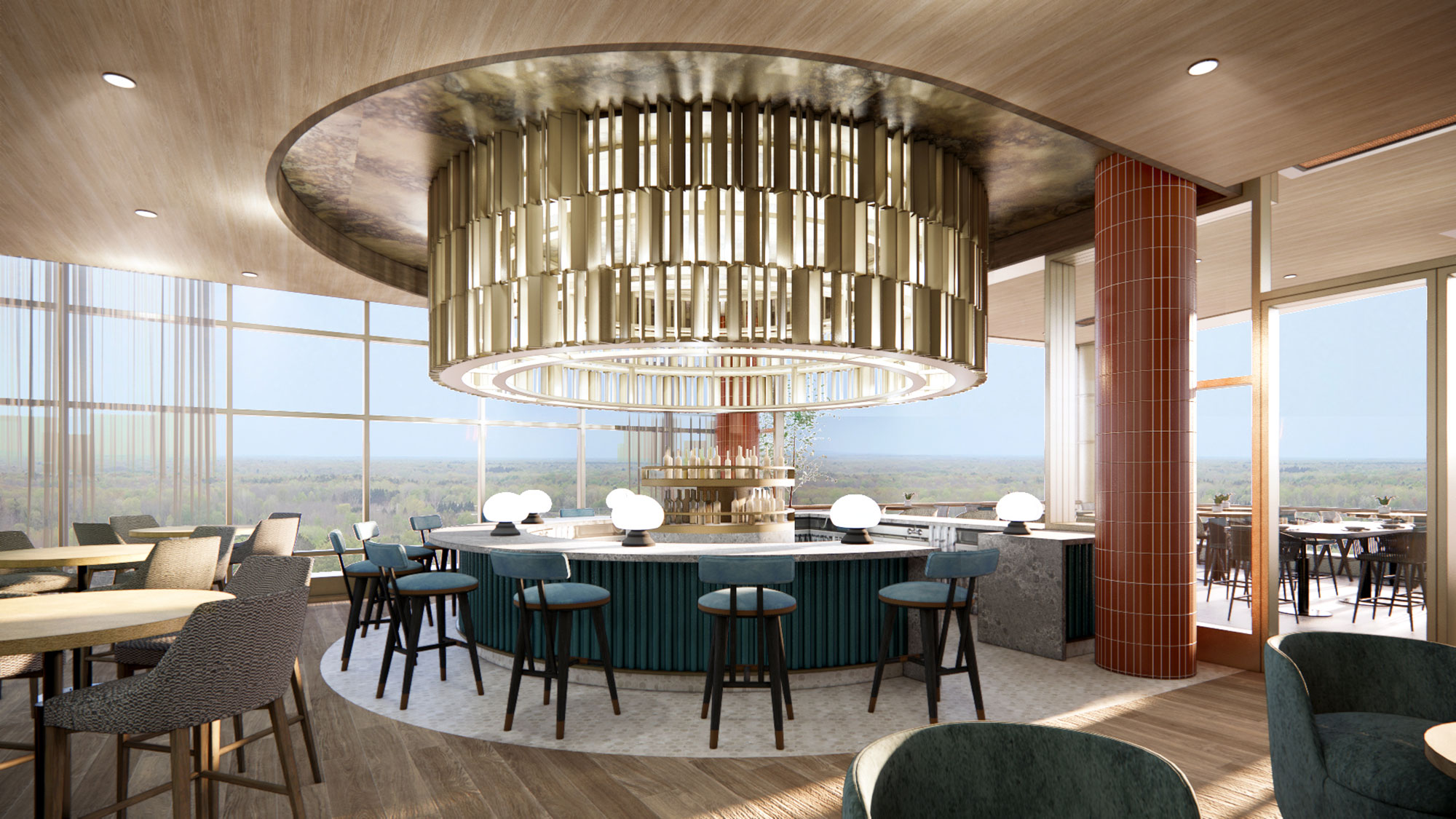 A room with tables and chairs.