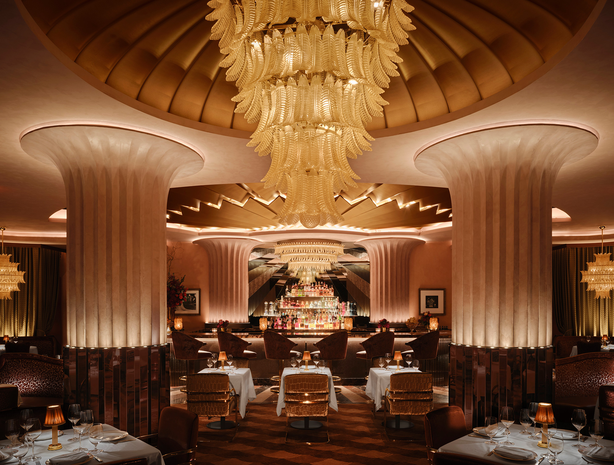 A large room with tables and chairs.