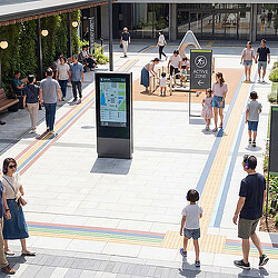 A group of people walking around a building.