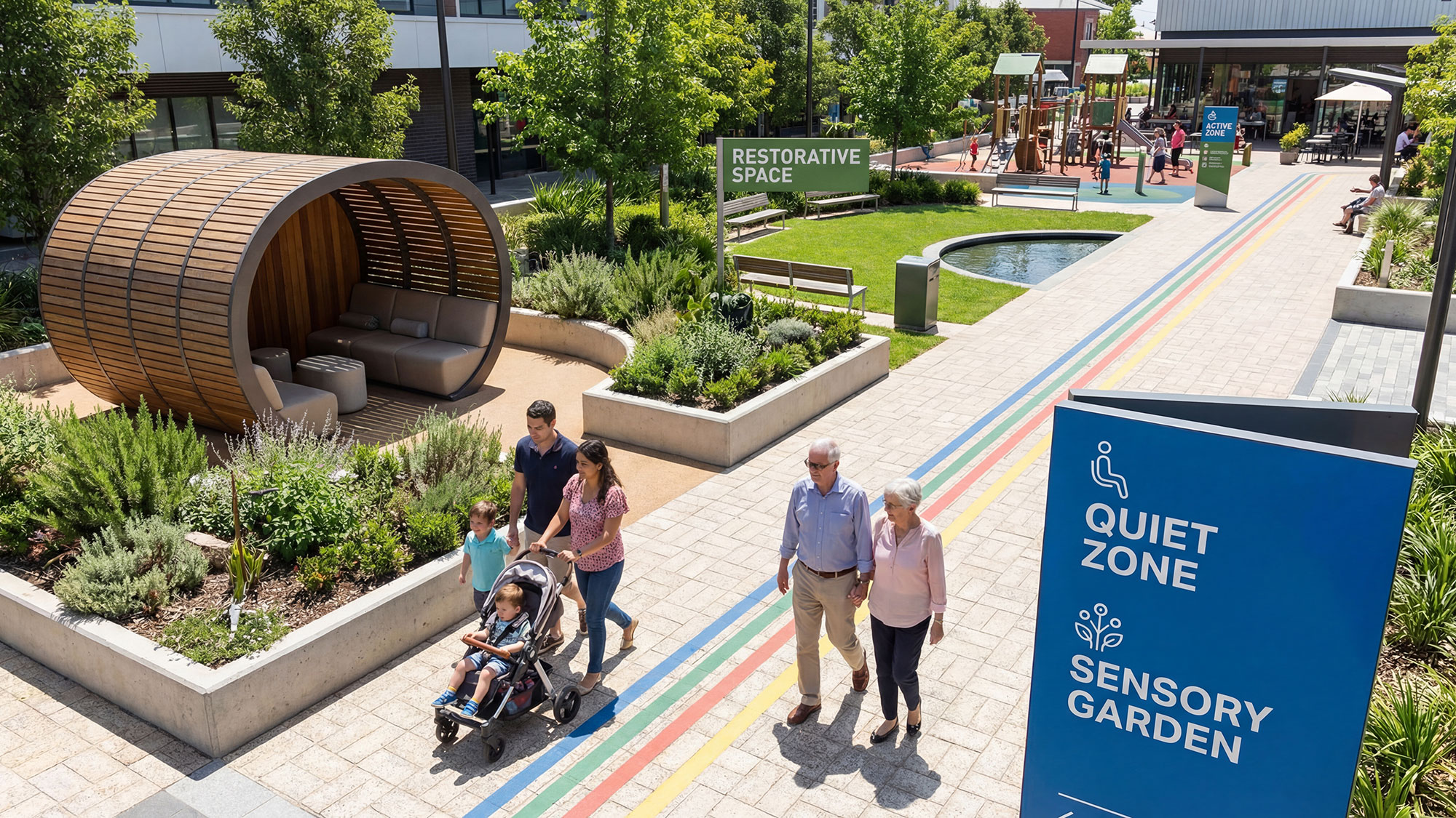 A group of people walking around a park.