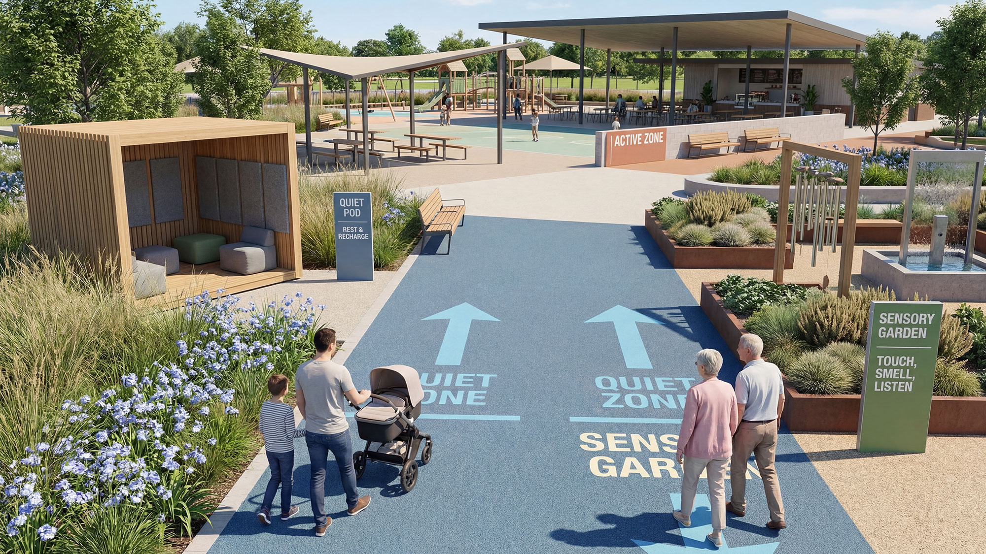 A group of people walking on a paved area with a sign.