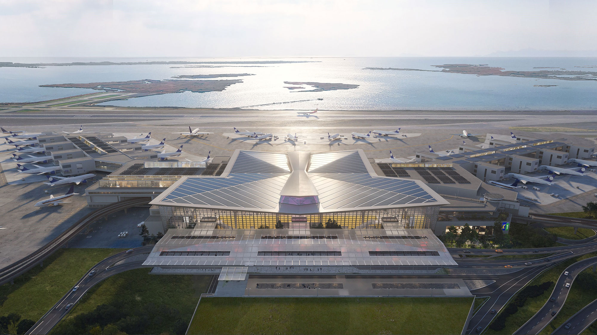 An aerial view of an airport.