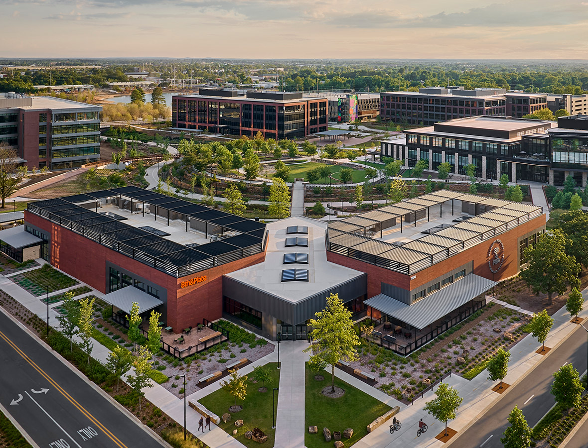 Aerial view of a large building.