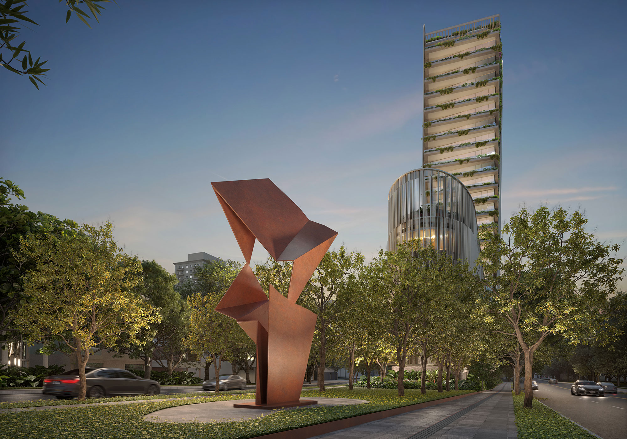 A large sculpture in a park.