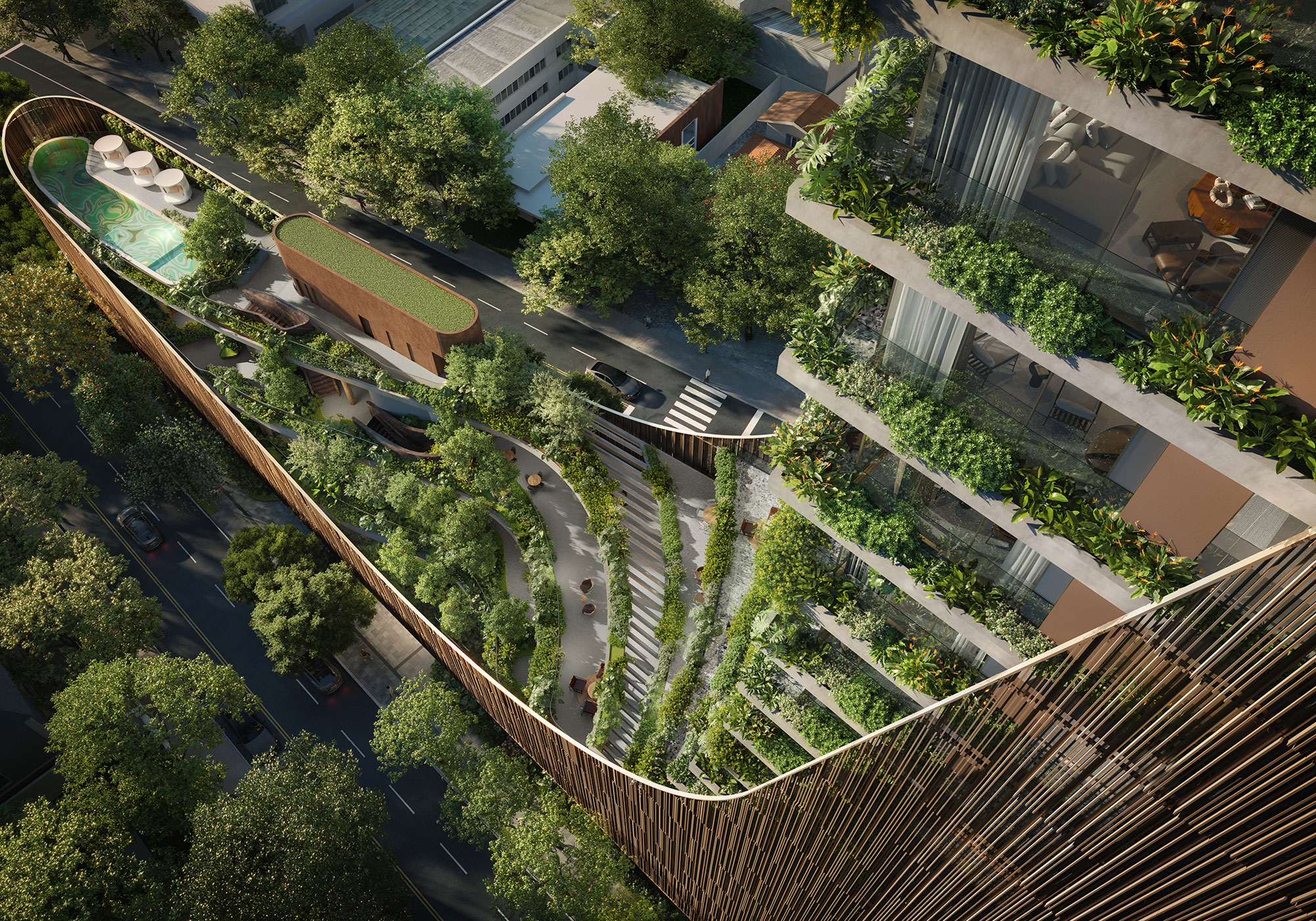 A high angle view of a building.