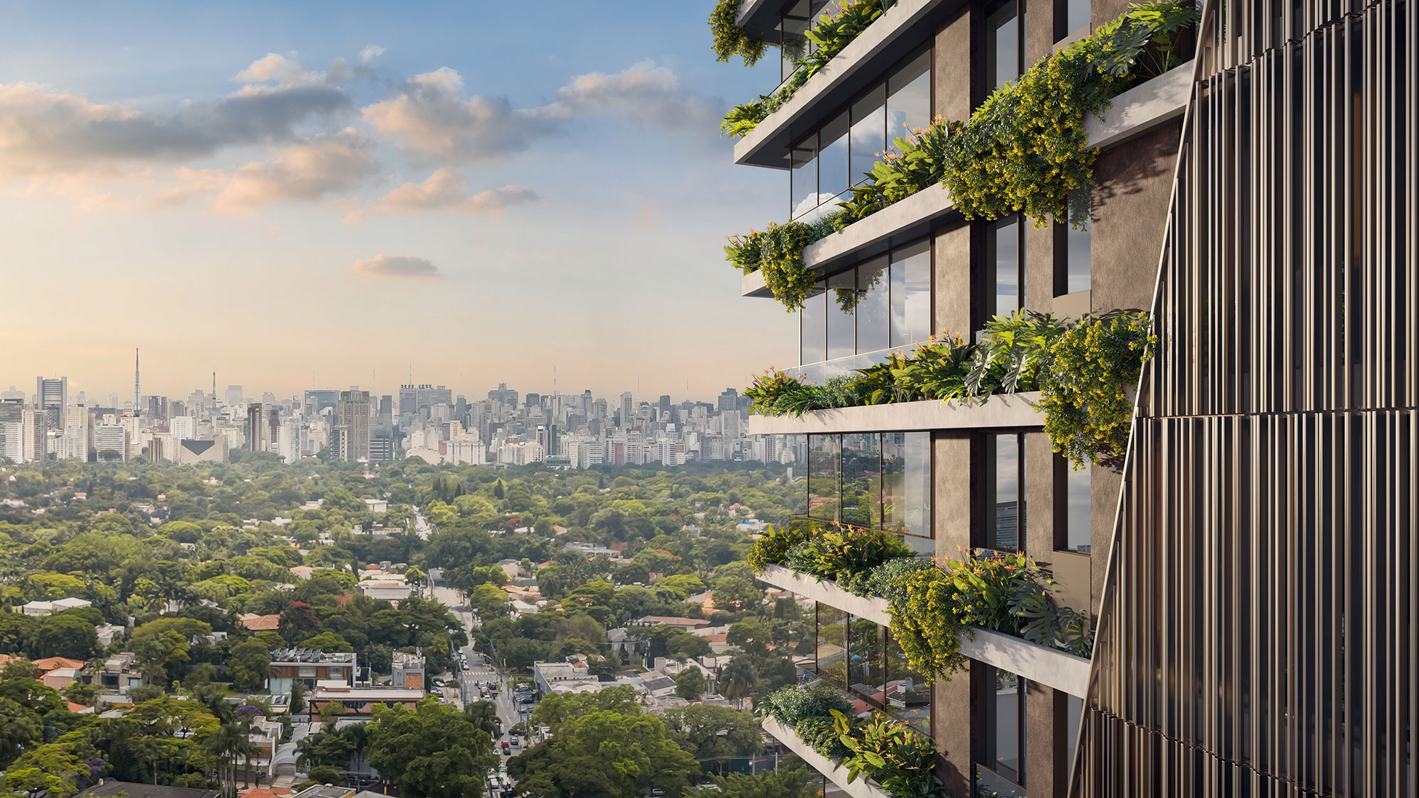 A view of a city from a balcony.