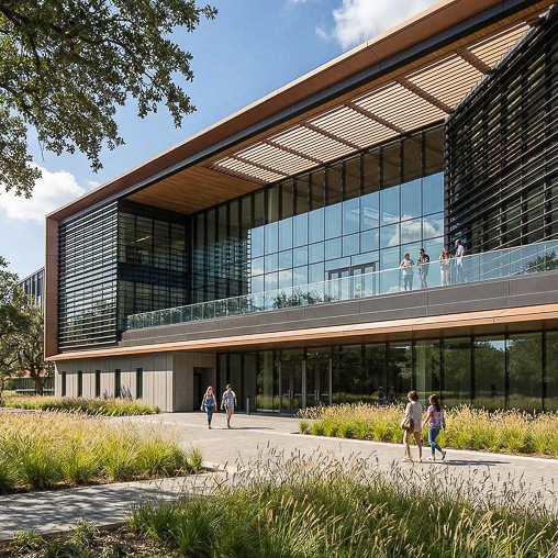 A building with people walking around.