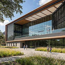 A building with people walking around.
