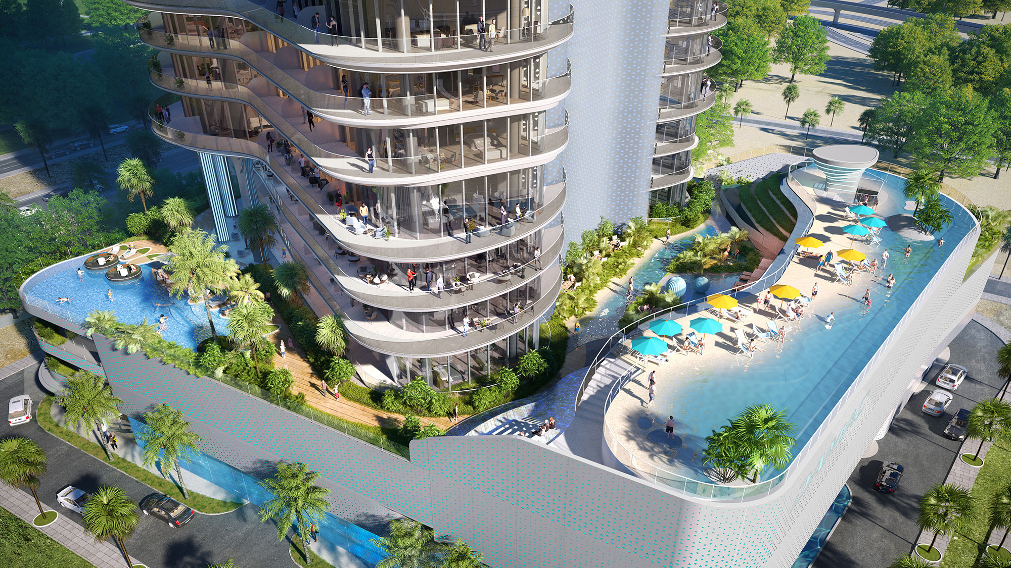 A high angle view of a swimming pool.