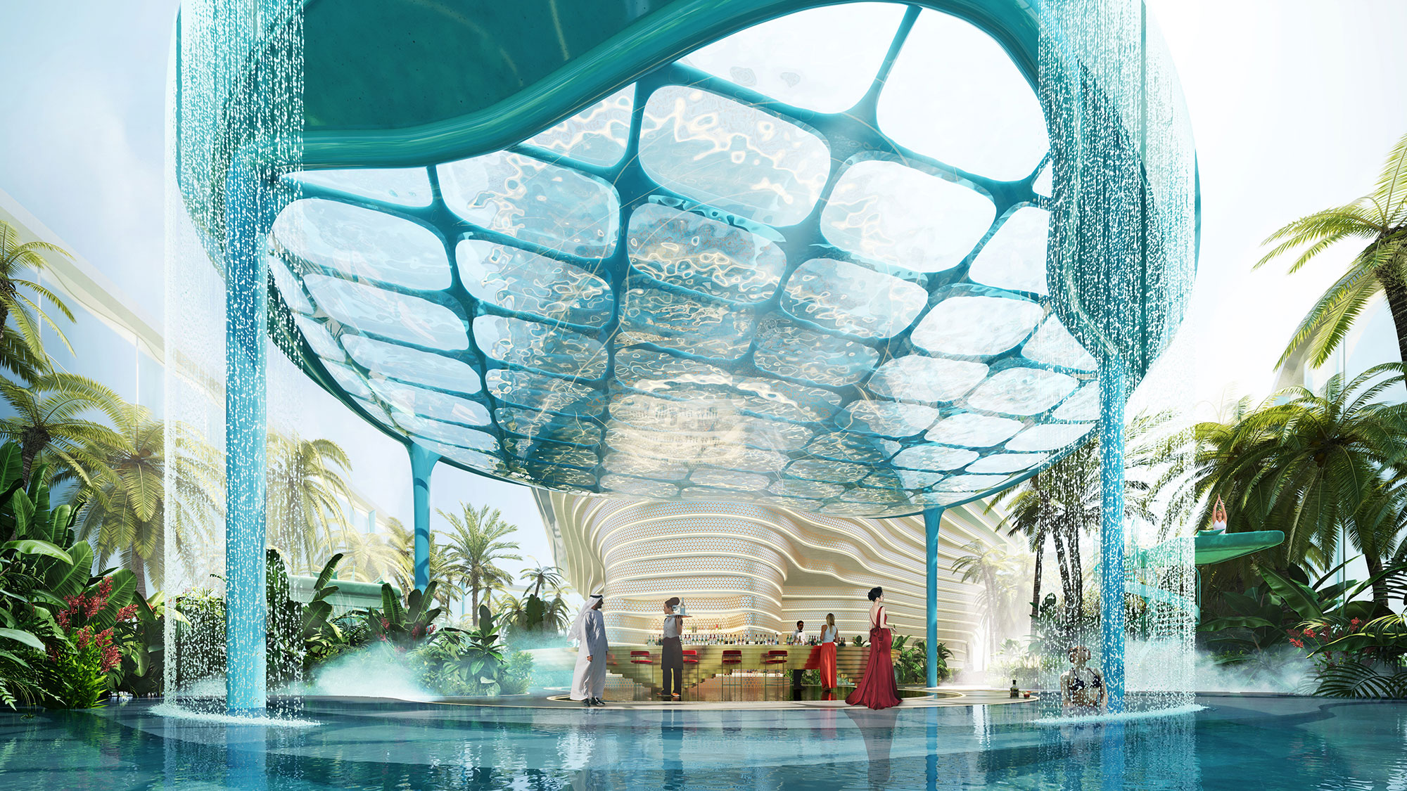 A group of people in a swimming pool.
