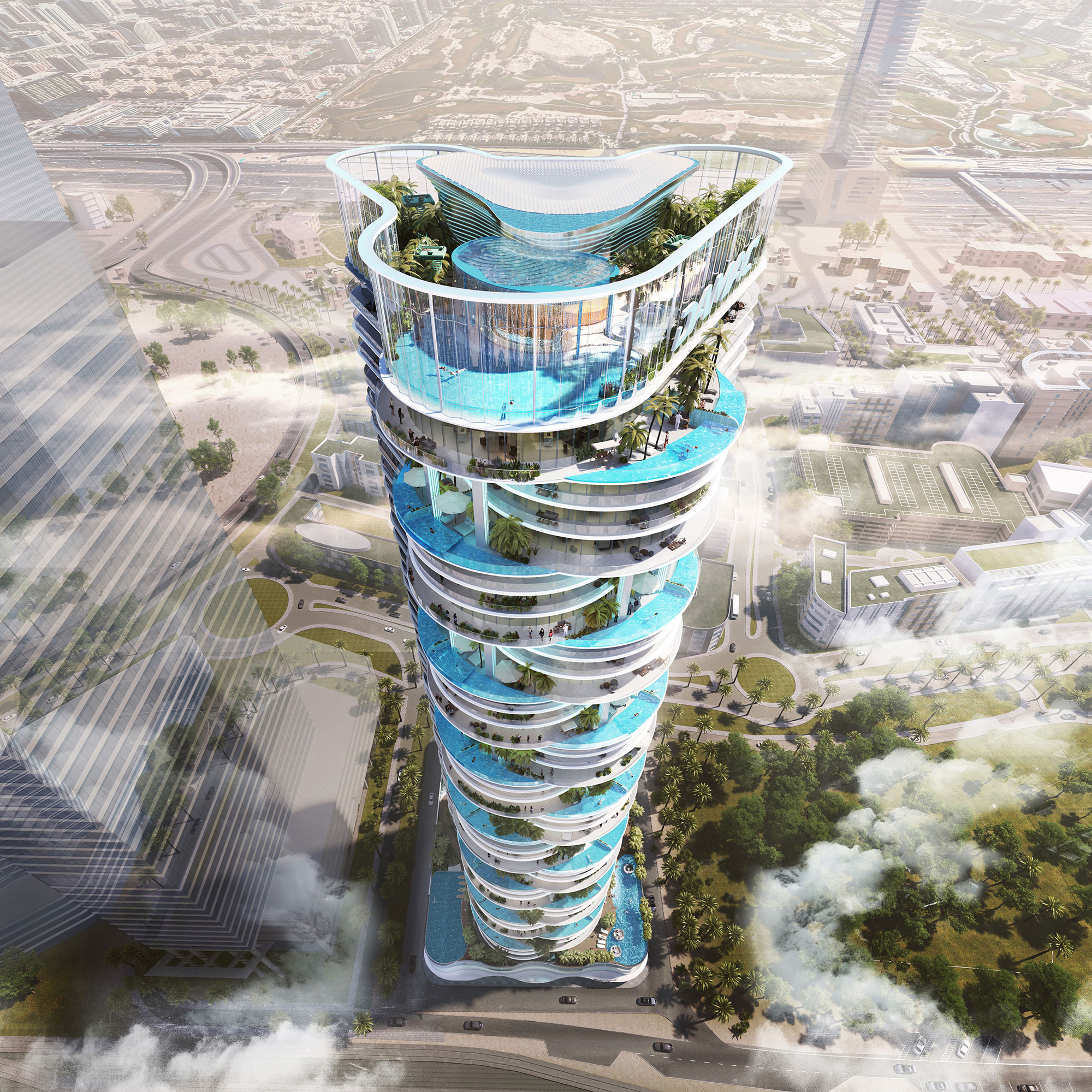 A tall tower with a blue top.