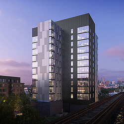 A tall building with many windows.