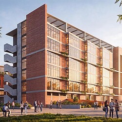 A building with people walking around.