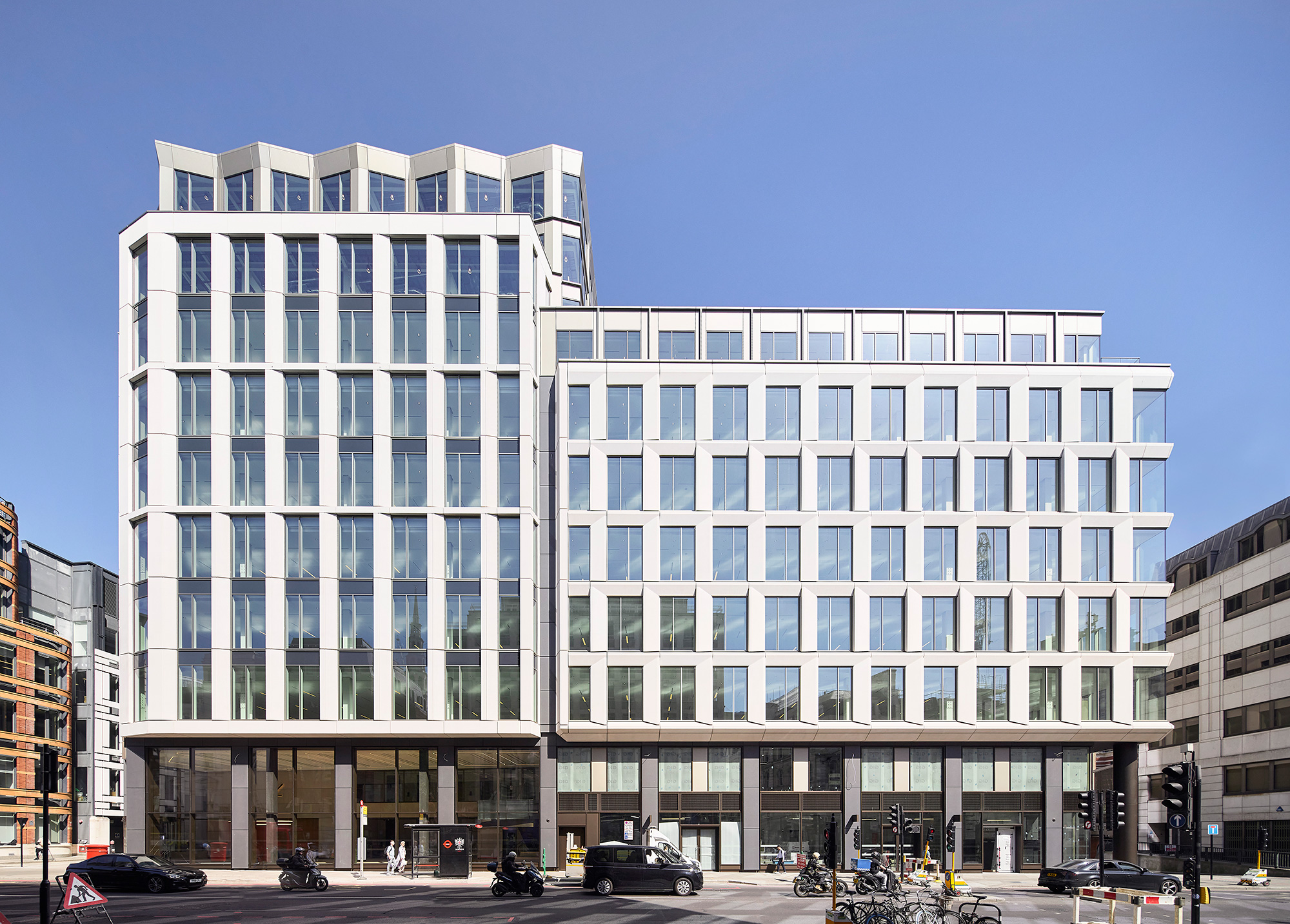 A large white building.
