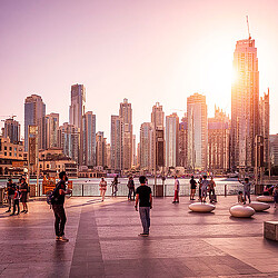 A group of people standing in a plaza with a city in the background.